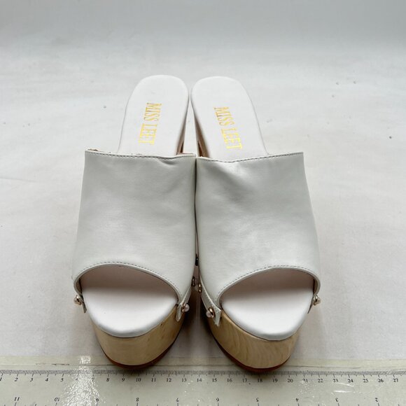 miss left White Platform Chunky High Heel Mules Open Toe Studded Slide Sandals - Picture 3 of 8